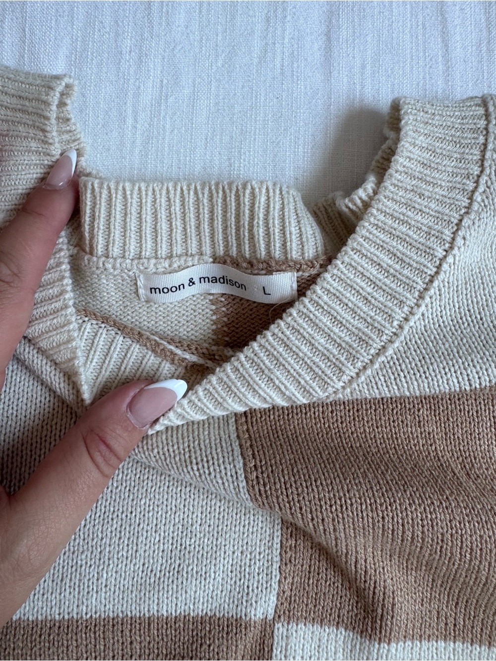 moon & madison Cream and Tan Block Stripe Crew Sweater